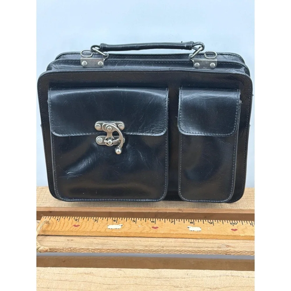 Vtg Black Faux Leather Multi Compartment Bag Handle Satchel No‎ Shoulder Strap